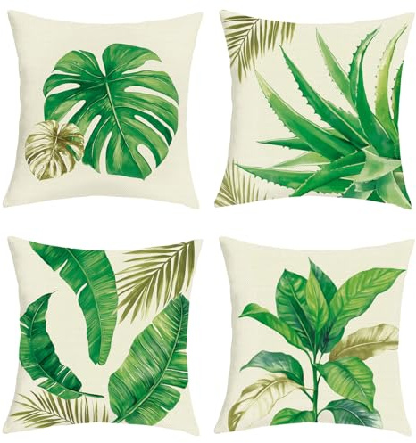 Joymaison Kissenbezüge 45x45 cm 4er Set Sommer Tropische Pflanzen Blätter Dekorative Kissenbezug Grün Gold Banane Palme Deko Kissenhülle für Sofa Couch Schlafzimmer Wohnzimmer