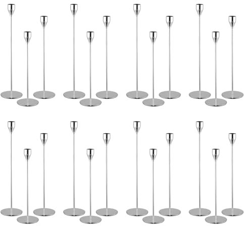 Set von 24 silbernen Kerzenhaltern, Kerzenhalter aus Metall, hoher Kerzenständer für Spitzkerzen, Kerzenhalter für 3/4 Zoll Dicke Kerzen, für Hochzeit, Wohnzimmer, Esszimmer (Silber)