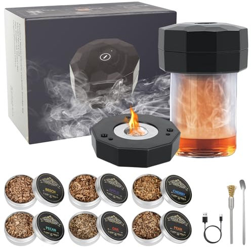 Elektrischer Whisky Smoker Set, USB-C Wiederaufladbar Flammenfreies Cocktail Smoker Kit mit 6 Holzchips,Altmodisches Whiskey Räucher set, Cocktail Räuchergerät Geschenk für Männer, Väter