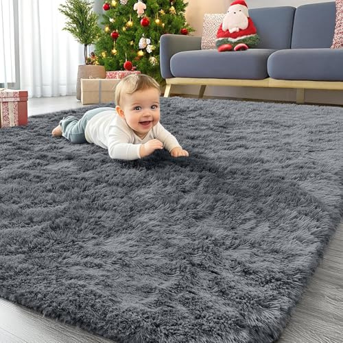 Homaxy Fluffy Shaggy Rugs Living Room, Soft Thick Pile Carpet, Machine Washable Anti Slip Bedside Rug for Kids Bedroom, Nursery - Dark Grey, 60 x 100 cm