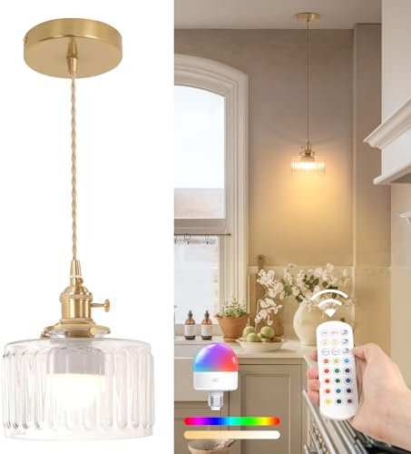 Shenmoyl Akku Pendelleuchte Esstisch, Hängelampe batterie Dimmbar, Esstischlampe Hängend Vintage Höhenverstellbar Für Küche Esszimmer Schlafzimmer Wohnzimmer Transparent Gestreift