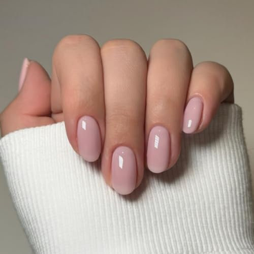 Pastel Pink Press on Nails Short Oval, SXVME Acrylic False Nail Short Almond, Solid Color Fake Nail Press ons, Handmade of Gel, Natural Full Cover Glue on Nails For Women Daily Wear 24Pcs