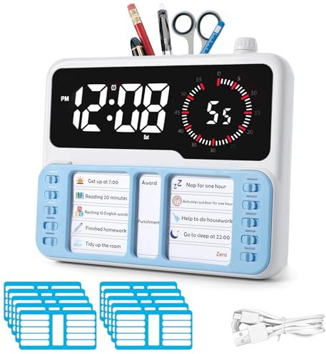 Minuteur visuel pour enfants et adultes - Outil de gestion du temps pour l'autisme et le TDAH avec alarme numérique, couture, tableau de planification des tâches, température et stockage