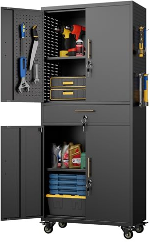 Aobabo Metall-Aufbewahrungsschrank mit 5 Stecktafeln und 2 Schubladen, 180 x 76 x 38 cm, abschließbarer Stahl-Werkzeugschrank für Garage, Lager, Montage erforderlich (WW-1 Schublade, Schwarz)