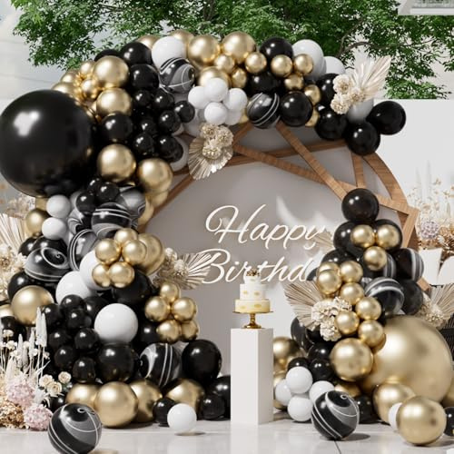 SUWEN 153Pcs Black Marble and Gold White Balloons Arch Kit