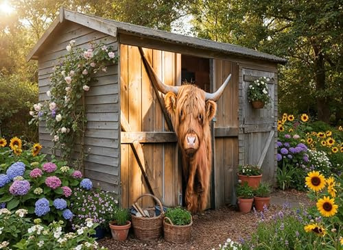 Hamish die Kuh Garten Wandbild Vorhang - Hochlandrinder Wandkunst, rustikale Bauernhofdekoration, Zaunpaneel, dekorativer Wandteppich, Bauernhaus-Heimdekoration, Gartenhaus, Hintergrund