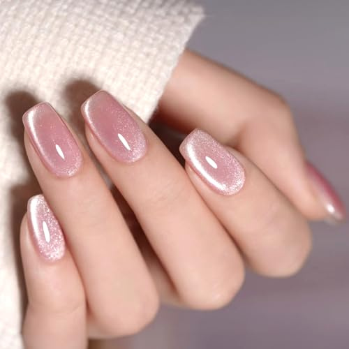 Viugex 24 Pièces Œil de Chat Faux Ongles Moyenne Carrés, Rose French Press on Nails, Paillette Acrylique Couverture Complète Ongles à Coller, Réutilisable Faux Ongles Autocollants pour Femmes Filles