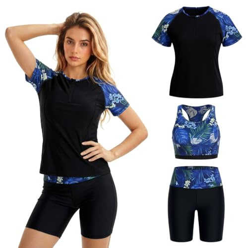 Owntop Women’s 3 Piece Rash Guard Swimsuit Set, Short Sleeve Pullover Top & Tank with Built-in Bra & Knee Length Swim Shorts, UPF 50+ Sun Protection Swimwear