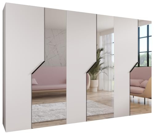 MEBLE KRYSPOL - Kleiderschrank - Garderobenschrank - 300 cm x 202 x 52 cm - Schrank mit Kleiderstange und Spiegel, 6 Türen - für Schlafzimmer, Flur - Andrew, Weiß, Griff Schwarz