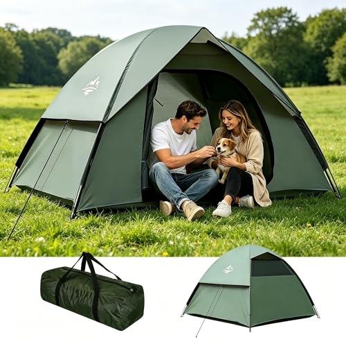 Zelt 1-3 Personen Camping Zelte, Ultraleichte, Wasserdichtes & Winddichtes Doppelschicht-Zelt mit Kleinem Packmaß für Camping, Garten, Wandern, Trekking & Familien (Armeegrün)