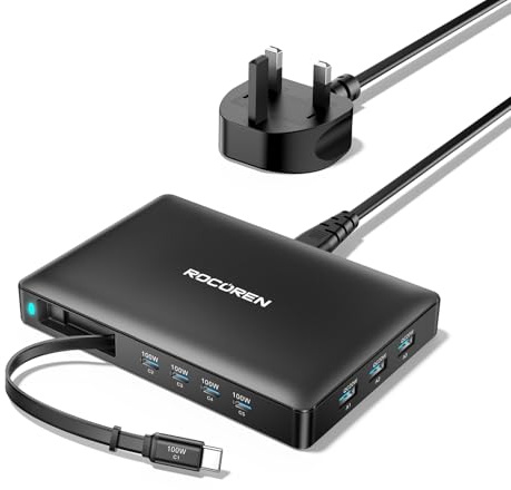 Rocoren USB Charging Station 8 in 1 Retractable Charger, PD 100W USB Charging Hub, GaN USB C Multi Charger Station for iPhone 17/16/16 Pro, MacBook Pro/Air, iPad Pro, Galaxy S23/S22, Note20, and More