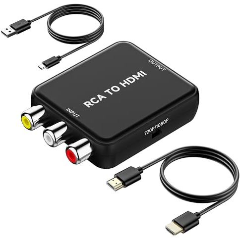 Uzifhdhi RCA to HDMI Converter, AV to HDMI, Composite to HDMI Adapter | Supports PAL/NTSC for PS2/VHS/VCR/Blue-Ray DVD with HDMI Cables