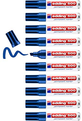 edding 500 Marcatore Permanente, Blu, 10Pz, Punta a Scalpello 2-7 Mm, Penne Impermeabili, ad Asciugatura Rapida e Senza Sbavature, per Cartone, Plastica, Legno, Metallo, Vetro e Tessuto