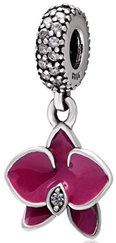 925er Sterlingsilber Orchideen-Charm für Pandora-Armband - Blumen, Herz, Liebe - Jahrestag, Weihnachten (Fuchsia)