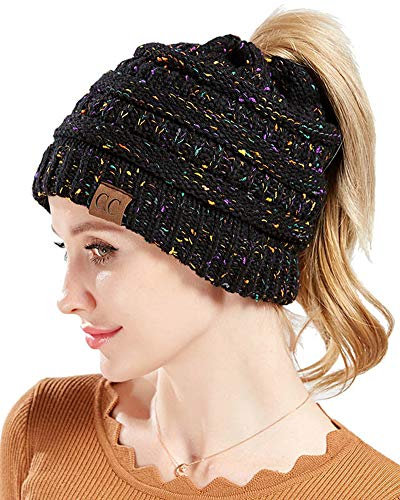 ZiXing Pferdeschwanz Mütze Damen Mädchen Winter Warme Strickmütze Beanie Cap mit Loch für Zopf Schwarz OneSize