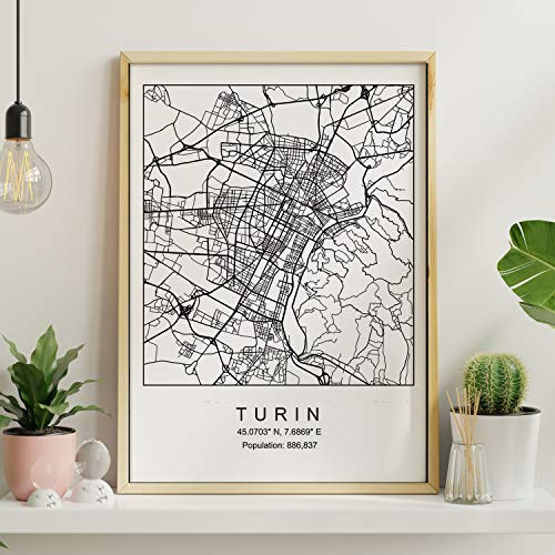 Nacnic Blade Turin Stadtkarte im nordischen Stil schwarz und weiß. A3 Größe Plakat Das Bedruckte Papier Keine 250 gr. Gemälde, Drucke und Poster für Wohnzimmer und Schlafzimmer