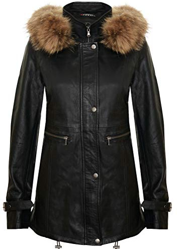 Women's Black Warm Leather Jacket Detachable Hooded Parker Trench Coat XS