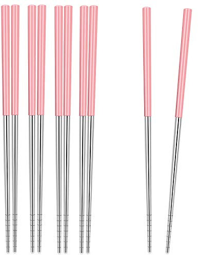 5 Pairs Japanese Metal Reusable Chopsticks for Sushi Sashimi Noodles Rice Asian Dishes, Superior Chinese Anti-Slip 304 Stainless Steel Chop Sticks Gift Set Dishwasher Safe for Cooking & Dining, Silver
