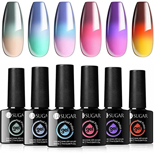 UR SUGAR Color Changing Gel Nail Polish Set, 6 Colors Temperature Changing Colors Red Pink Purple Mood Changing Long Lasting Soak Off Gel Nail Kit Manicure DIY Home Kit for Women