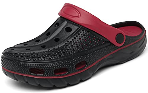 INMINPIN Zuecos Mujer Hombre Sandalias de Playa Respirable Ligeros Zapatos de Jardin Verano Antideslizante Zapatillas de Piscina con Soporte del Arco,Negro Rojo,42/43 EU