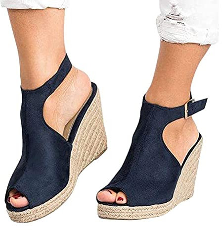 Onsoyours Sandali con Zeppa per Le Donne Moda Cinturino alla Caviglia Fibbia Peep Toe Slingback Suola in Corda Scarpe con Plateau Antiscivolo C Marina 35 EU
