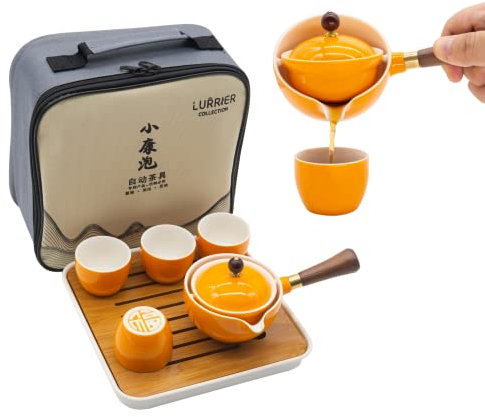 LURRIER Porcelain Chinese Gongfu Tea Set,Portable Teapot Set with 360 Rotation Tea maker and Infuser,Portable All in One Gift Bag for Travel,Home,Gifting,Outdoor and Office(Orange)