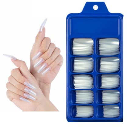 Amni 100 x Natural Look False Nail Tips 10 Sizes Matte Full Cover Long Stiletto/Pointy Fake Nails Art Manicure UK (SHINY WHITE COFFIN)