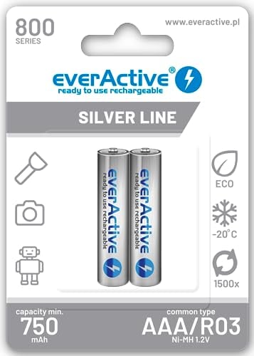 everActive Akku AAA 800 mAh 2 Stück, NI-MH, Micro R03, wiederaufladbare Batterien, vorgeladen, Silver Line 1.2V, 1 Blisterkarte
