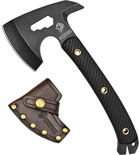 NedFoss BISON Ascia di sopravvivenza full tang, 25cm Ascia piccola da campeggio, con manico G10 e lama in acciaio ad alto tenore di carbonio, con custodia in vera pelle