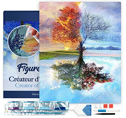 Figured’Art Diamond Painting Broderie Diamant 40x50cm Avec Cadre Toile Tendue Strass Perles Carrés - Arbre 4 saisons Classique - Kit Complet Paysage 5D DIY Activité Manuelle Loisirs Créatifs Adultes