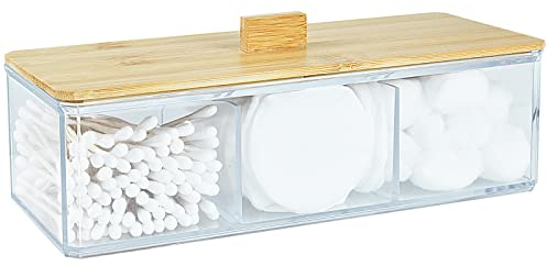 Acrylic Qtip Holder Dispenser with Wood Lid, 3 Compartment Cotton Ball Holder, Bathroom Organizer for Q Tip, Cotton Swab and Cotton Pad Holder, Vanity Storage Organization for Countertop and Drawer