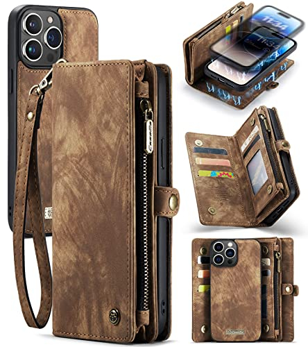 UFinetech iPhone 14 Pro Max Hülle, Flip Leder TPU Stoßfest Kartenfach Tasche Handyhülle iPhone 14 Pro Max (6,7 Zoll), Magnetisch Kratzfest Abnehmbare Reißverschluss mit Band Schutzhülle Case, Braun