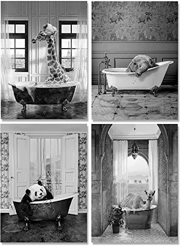 HMDKHI Schwarz Weiß Badezimmer Bilder Bad Panda Tier in der Badewanne Bild Lustige Wandkunst Drucke Leinwand Poster Home Decor Minimalist Ohne Rahmen (20X30cm*4PCS)…