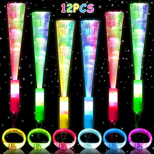 TOPJOWGA 12 Stück LED Leuchtwedel, Glasfaser Leuchtstab, Leuchtwedel Party Set, Partyknicklichter, LED Blinkende Armbänder, Hochzeit Leuchtwedel, Glasfaserlampe Party Mitgebsel Kindergeburtstag