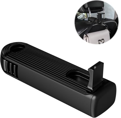 Loputon Kopfstützenhalterung Auto Haken, 2-in-1 Auto Kopfstützen Haken mit Handyhalterung, Versteckter Auto Haken, Autositzhaken für Geldbörsen und Taschen (Schwarz, 1 Stück)