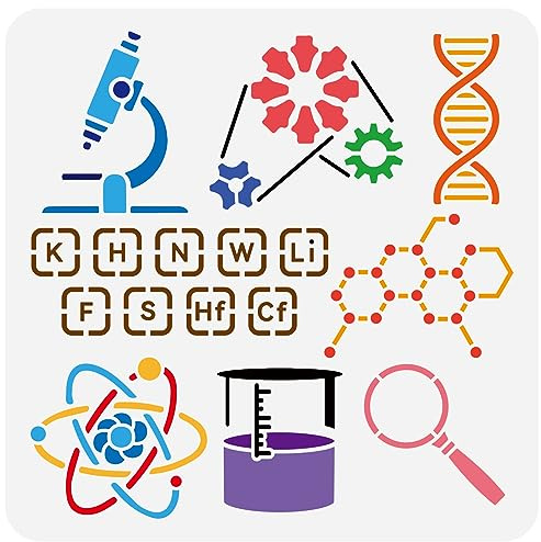 FINGERINSPIRE Scientific Experiment Stencil for Painting 30x30cm Reusable Microscope Beaker Magnifying Glass Gears Painting Stencil DNA Molecules Periodic Table Template for Wall Decoration