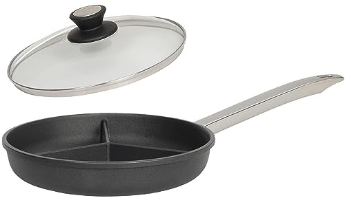 SKK 2-tlg. Guss Antihaft Pfanne Ø 28 cm - ohne Induktion - 3-geteilte Bratpfanne ideal zum Braten dreierlei Speisen & Deckel - Made in Germany