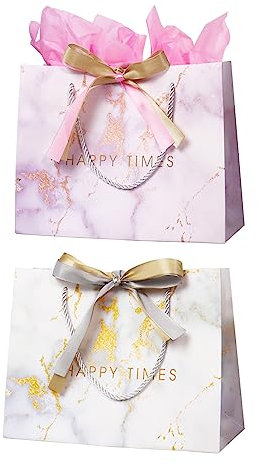 2 Stück 25× 20× 12cm Geschenktüten mit Henkel, Geschenktaschen Papiertüten mit Schleifenbändern Geburtstag Papiertüten für Hochzeit, Festivalfeier, Weihnachten(Rosa, Weiß)