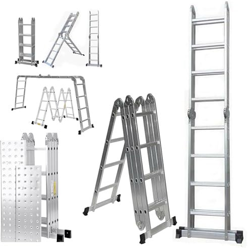 Folding Ladder 4.6m Multipurpose 11-in-1 Step Work Bench with Aluminium Platform Stair Combination ladder -ladders for decorating Capacity 16 Steps for Indoor Outdoor Works, EN131