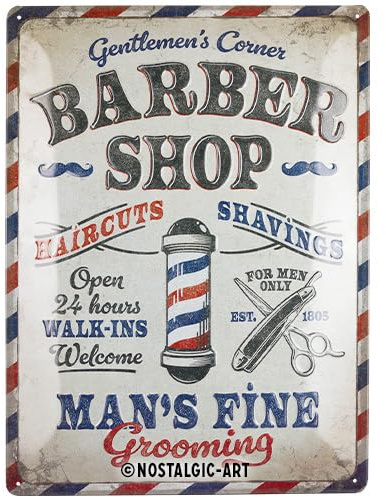 Nostalgic-Art Retro Blechschild, 30 x 40 cm, Barber Shop – Geschenk-Idee für Nostalgie-Fans, aus Metall, Vintage Design, Blechschilder Sprüche