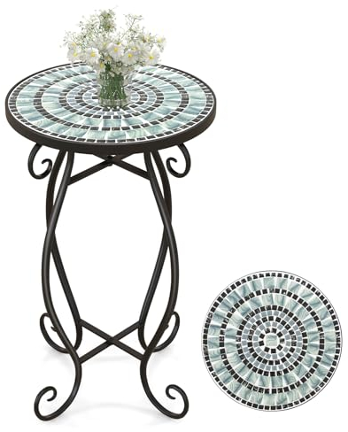 GOPLUS Mosaik Beistelltisch, Ø30/35cm runder Gartentisch mit Metallgestell, Blumenhocker Blumenregal mit Mosaikplatte, Retro Mosaiktisch für Balkon & Terrasse (Hellblau, Ø30cm)