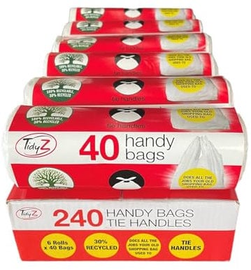 Tidyz 240 HANDY BAGS with Tie Handles (6 rolls of 40 bags) Use as Handy Shopping Bag - Carrier Bag - 15L Pedal Bin - Bathroom Bin - Household Waste, Kitchen Bin - Bin Liner - Waste Paper