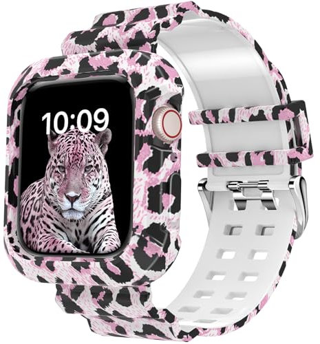 DABAOZA Compatible con correa blanca de Apple Watch de 38 mm, 40 mm, 41 mm, con funda, estampado de leopardo rosa, correa deportiva de TPU para iWatch Band SE Series 9/8/7/6/5/4/3/2/1 (leopardo,