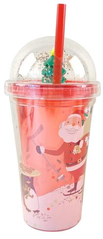 PLUSHCEWT Bicchiere d'Acqua di Natale, Elementi Natalizi Bicchiere a Doppia Parete con Paglia e Coperchio Riutilizzabile BPA Free Drinking Tumbler Cup, 450ml (B)