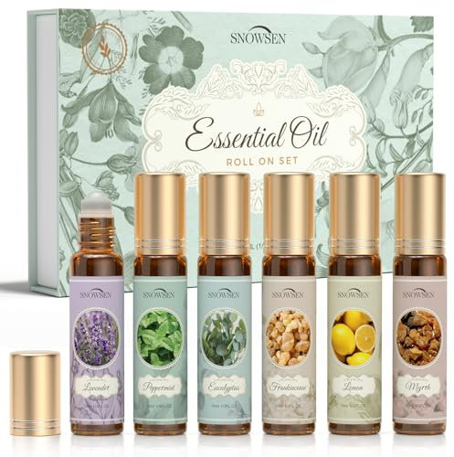 Essential Oil Roll On Gift Set, SNOWSEN Aromatherapy Essential Oils Sets for Skin, Relaxation Gifts for Women & Men, Lavender, Peppermint, Frankincense, Eucalyptus, Lemon, Myrrh Scented Oils for Skin