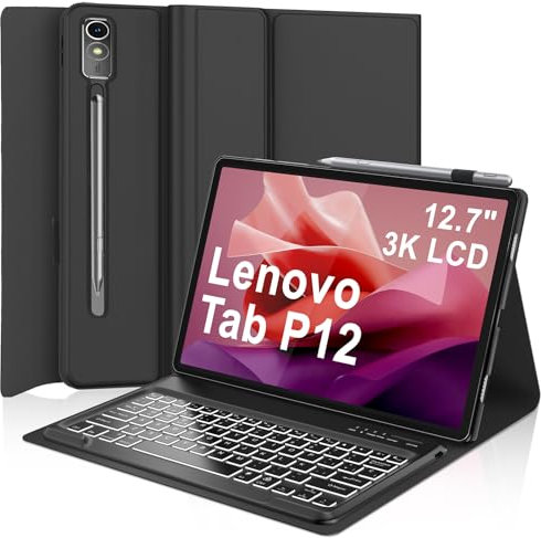 IVEOPPE Teclado para Lenovo Tab P12 12.7 - Funda Teclado Español Bluetooth Magnético Desmontable Retroiluminado para Lenovo Tab P12 2023 12.7 Pulgadas TB370FU, Negro