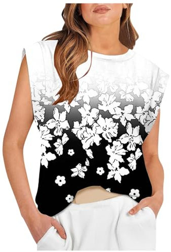Lange Top Damen Cap Sleeve Tops für Frauen Sommer Top Basic -Shirts Casual Tank Loose Fit V Ausschnitt Top (White, M)