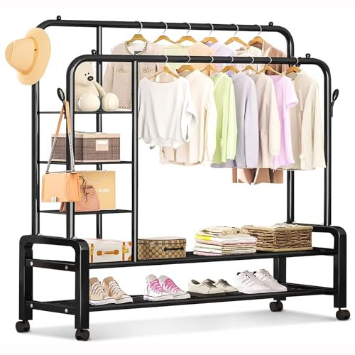 GLQ - Kleiderständer,Kleiderstange,Kleiderständer auf Rollen,kleiderstange rollen,kleiderständer stabil,kleiderständer mit rollen(Schwarz)