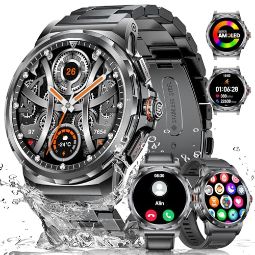 ESFOE Smartwatch Uomo(3 Cinturini),1.43 AMOLED Orologio Intelligente Fitness con Chiamate Bluetooth,Militari Smart Watch Tracker Attività con 100+ Modalità Sportive Cardiofrequenzimetro,Android iOS