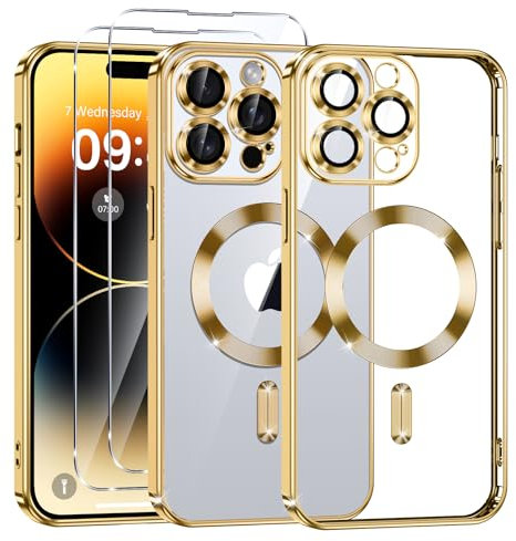 Phoona Cover Placcatura per iPhone 14 Pro 6,1 Pollici, Obiettivo per Fotocamera Protezione Completa e 2 × vetro temperato, Compatibile con MagSafe Ricarica Wireless, Protezione Militare, Oro